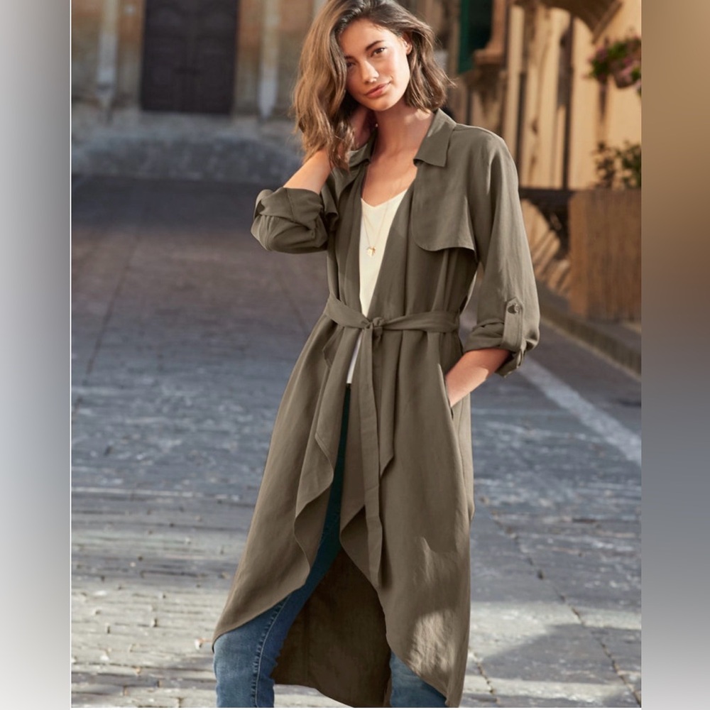 Garnet Hill Silk Linen Trench Coat Olive Green Lightweight Longline Sz 12